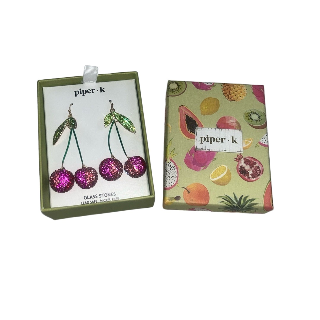 PiperK Earrings Dangle Drop Cherry Glitter Glass Stones Playful Whimsical 17$